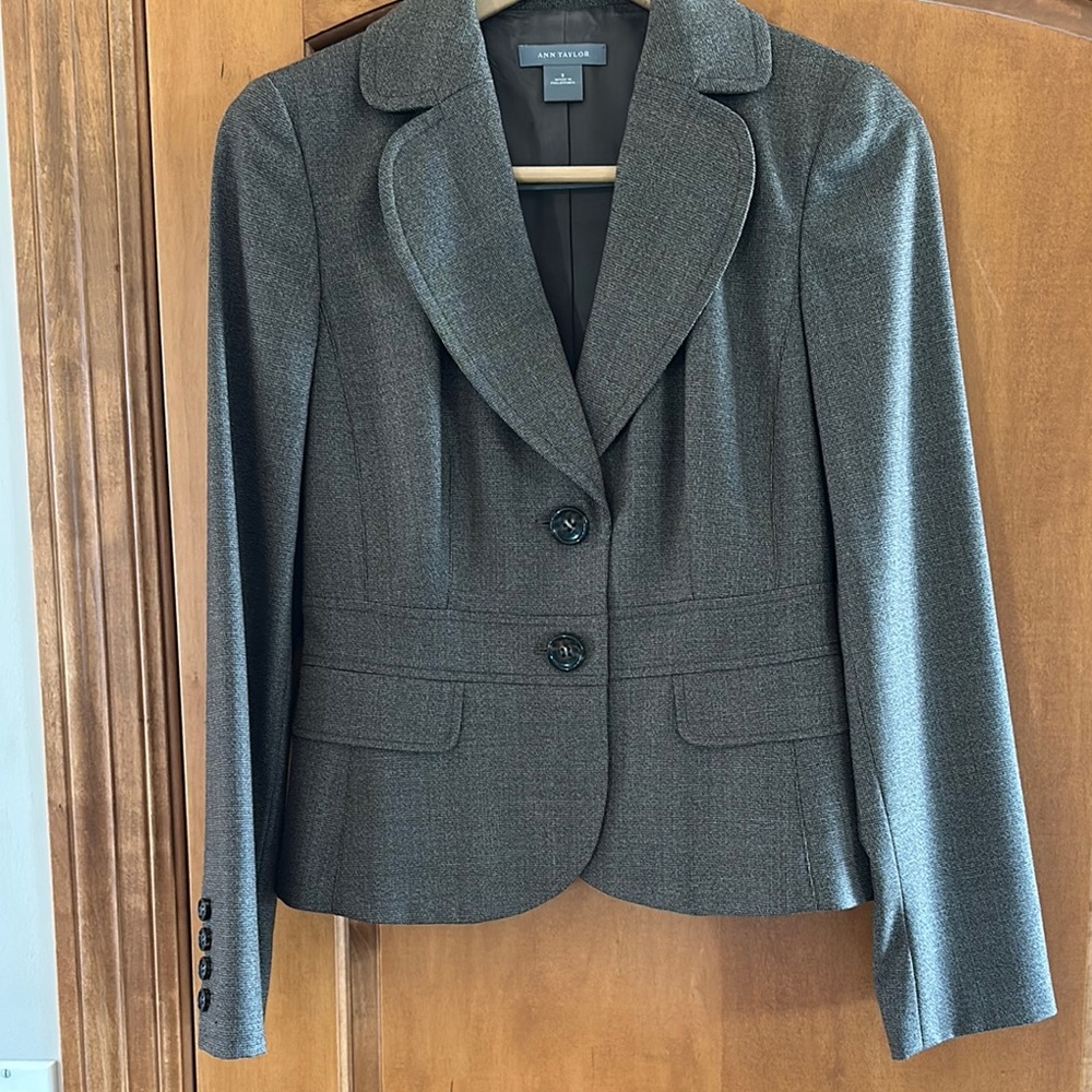 Ann Taylor Brown Houndstooth Check Two Button Wool Blend Fitted Blazer Jacket 2